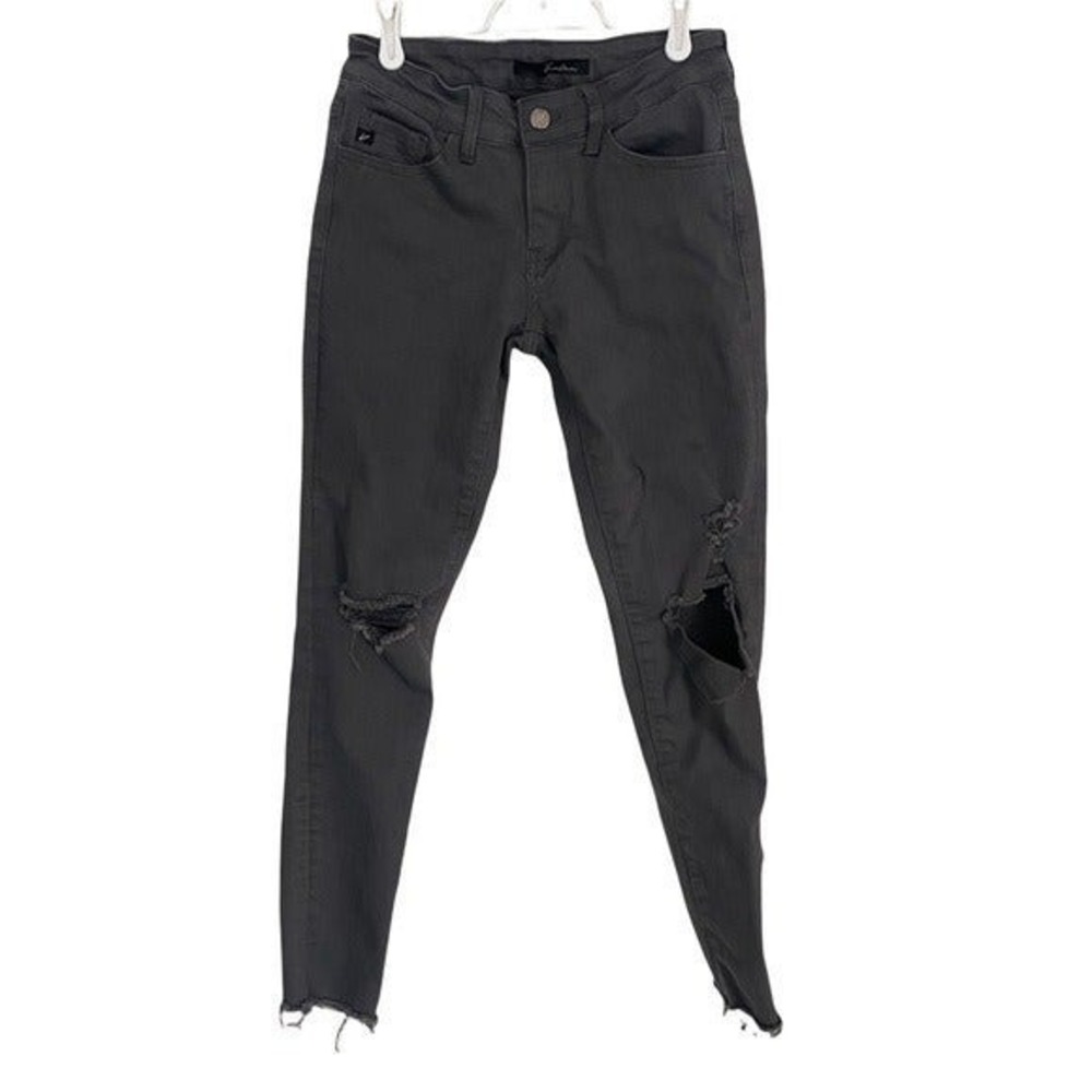 KanCan Jeans‎ Women 25 Charcoal Gray Skinny Distressed Knee Raw Hem Mid Rise